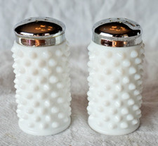 Vintage Milk Glass Hobnail Salt & Pepper Shakers Pair with Silver Tone Lids — listing 6