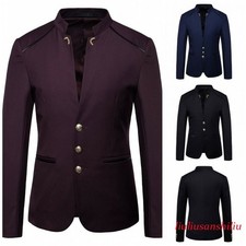 Men's Blazer Jacket Single Breasted Stand Collar Slim Fit Chinese Style Casual L