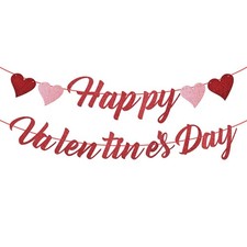 Glitter Happy Valentine's Day Banner with Hearts - Festive Red