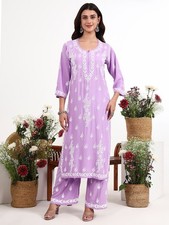 Women s Lavender Chikankari Kurta Palazzo Set Embroidered Ethnic Indian Suit Set