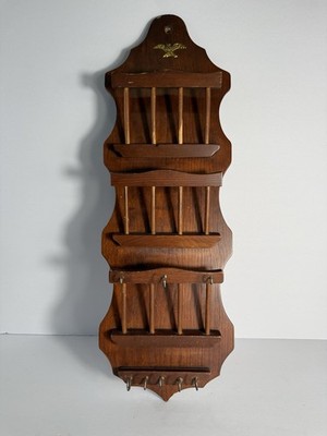 Vintage Mail Organizer Wooden Wall Shelf Key Rack Early American Eagle Decor 23ʼ