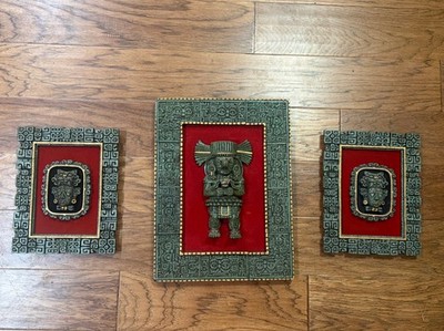 VINTAGE ZAREBSKI MAYAN AZTEC  ART CRUSHED MALACHITE CULTURAL ARTWORK -Set  of 3