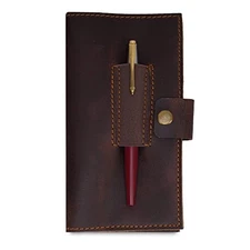 Distressed Leather Checkbook Cover with Pen Holder – Handmade Dark Brown