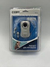 Coby Pocket AM/FM Radio w/ Earphones CX-71 Silver Belt Clip Hand Strap NOS
