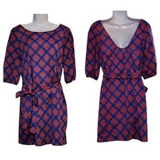 Miami Womens Mini Shift Dress Size M Blue Red Tie Belt Scoop Neck 1/2 Sleeve