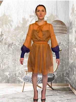 Orange/ Blue Silk Dress / Midi Silk Dress