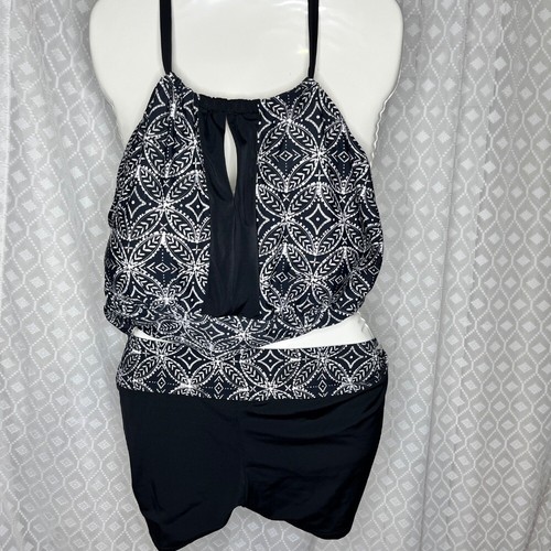 South Point Tankini Swimsuit Top & Bottom 2 Piece Set Black White 24W NWT