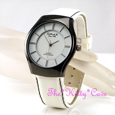Schweizer Omax Hämatit schwarz Plt Stahl Seiko Uhrwerk weiß Leder Unisex Uhr SGL011