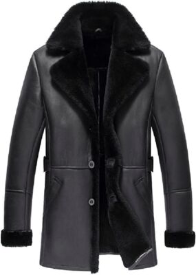 Men RAF Trench Coat Black Real Sheepskin Leather Shearling Jacket New