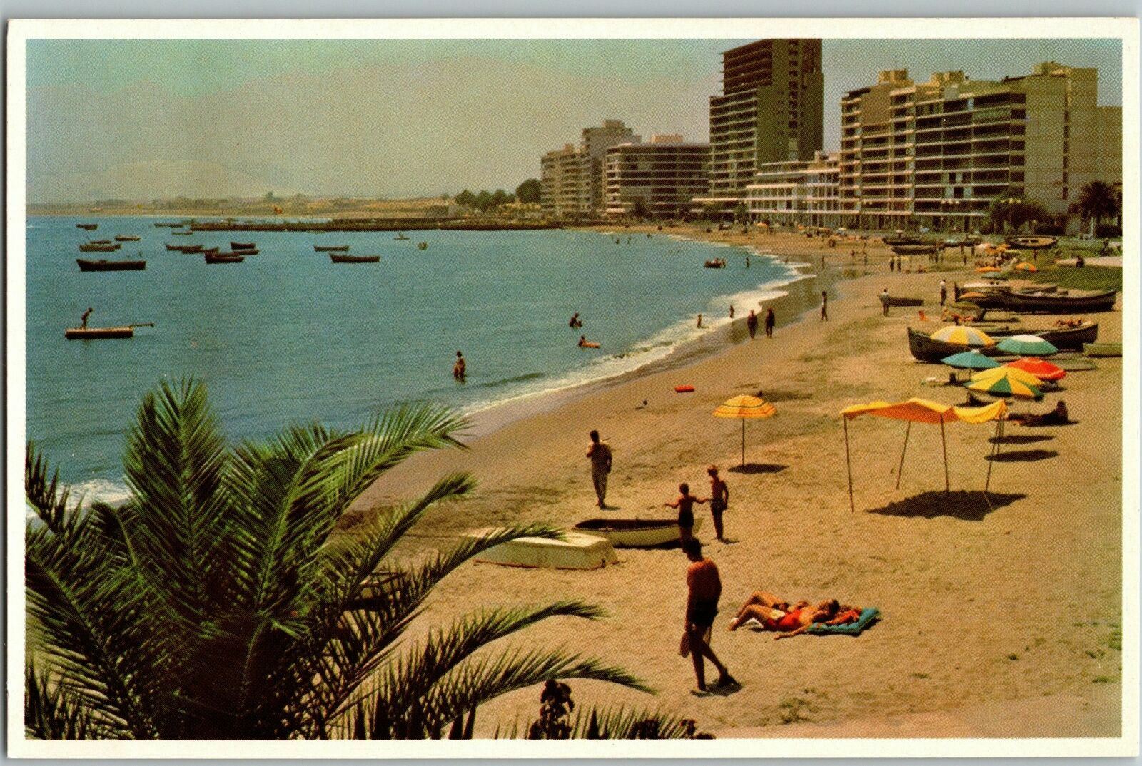 Vintage Postcard of Ancon Beach Sunbathers Umbrellas Surf Boats Lima Peru