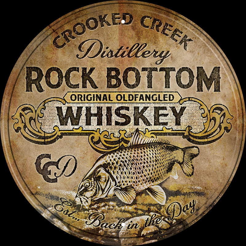 Plaque métal Rock Bottom Whiskey décoration murale vintage ronde de 30 cm