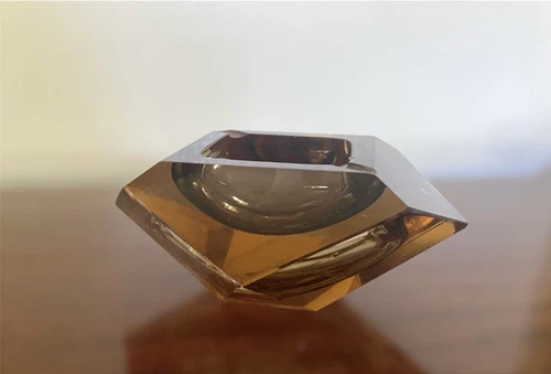 Murano Ashtray Mid Century Modern Faceted Yellow& Golden Amber Glass Art Bowl