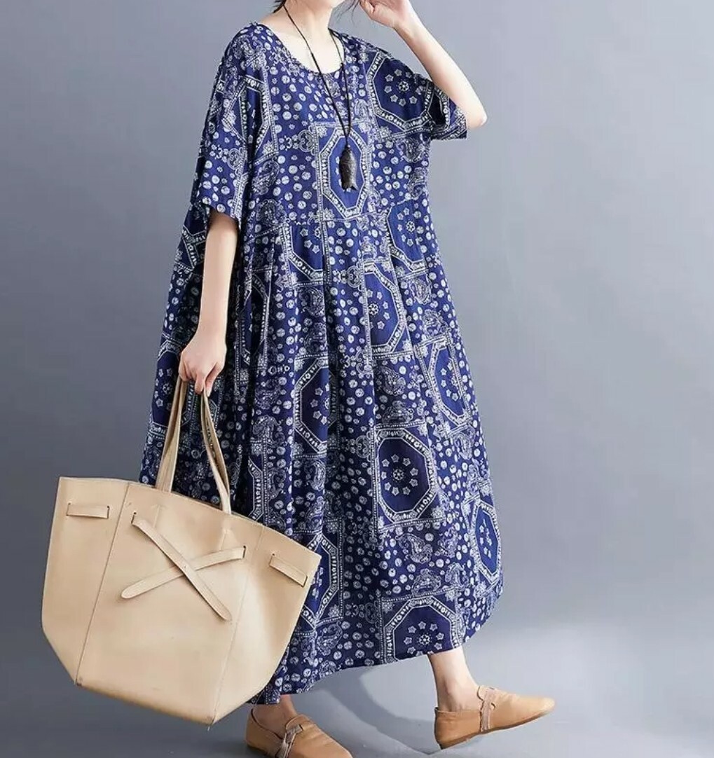 Damas Relajado Azul Estampado Informal Étnico Suelto Flotante Boho Chic Vestido de Verano 12