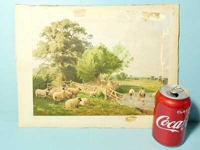 Signiert 1881 H. BIRTLES Original Aquarell Bauern Schafe Waschen Fluss Szene #DB2