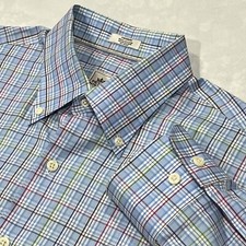 Peter Millar Button Up Shirt Men Blue Plaid Casual Long Sleeve Shirt Size Medium