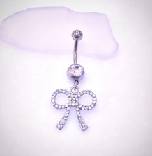 Gem Bow Ribbon Dangle Belly Button Ring 14 Gauge Surgical Steel New Navel Ring