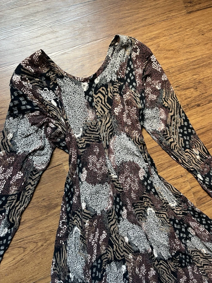 Maxi Vestido Vintage Años 90 Y2K Pequeño Marrón Abstracto Arrugado Rayón Acampanado Capricho Foto 3 de 4