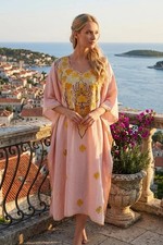 Embroidered Pink Sherbet Caftan Maxi Dress Flowy Lounge Kaftan for Women L-3XL