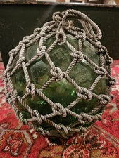 Vintage Japanese Large Glass Fishing Float Buoy Ball Net Green 13"H 