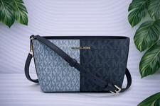 Bandolera Michael Kors Jet Set Pequeña Top Cremallera Azul Marino Logo MK 2 Tonos Plateada