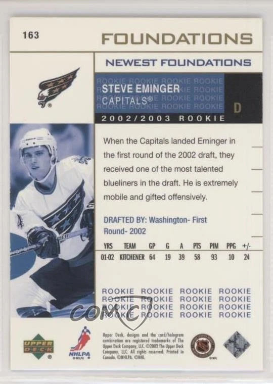 2002-03 Upper Deck Foundations /1250 Steve Eminger #163 Rookie RC - Image 2 of 2