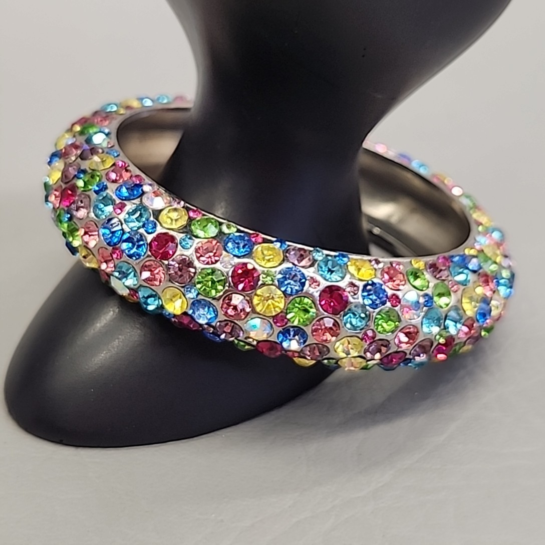 Rhinestone Bangle Bracelet Multicolor Silver Tone… - image 1
