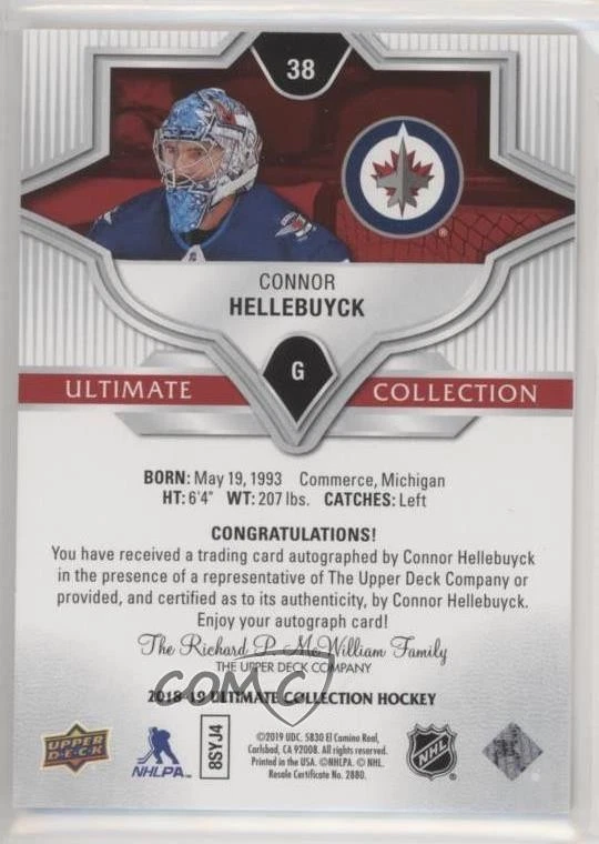 2018-19 Upper Deck Ultimate Collection 2019-20 Update /50 Connor Hellebuyck Auto - Image 2 of 2