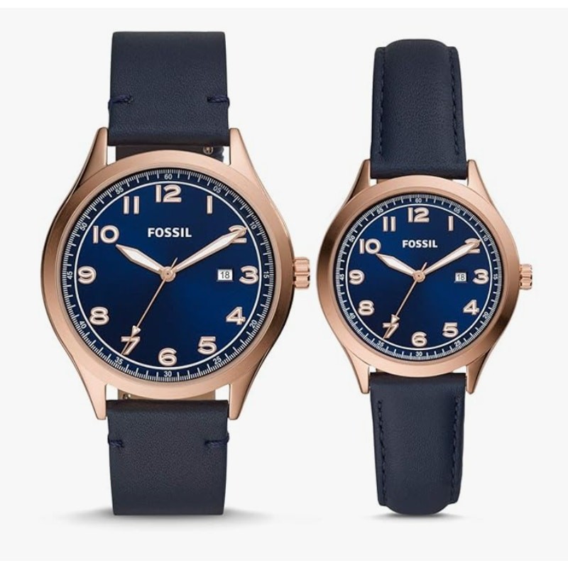 時計 FOSSIL His and Her watch Fossil His and Her Wylie Three-Hand Navy Leather Watch Box