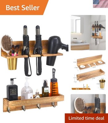 Durable 2-Layer Wooden Hair Dryer Holder with 4 Hooks - Elegant Bathroom Storage