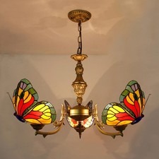 Luxury Pendant Lamp Tiffany Style Stained Glass Butterfly Shade Fixture Vintage
