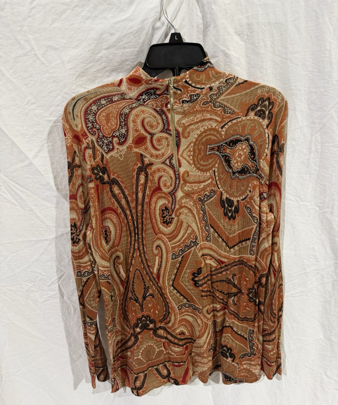 Chico's Women’s Brown Paisley Knit Mock Neck Half-Zip Long Sleeve Top 2