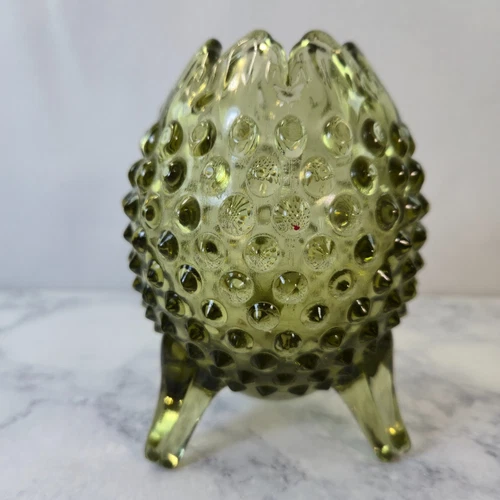Vintage Fenton Colonial Green Hobnail 3 Footed Egg Vase Candy Spring Easter