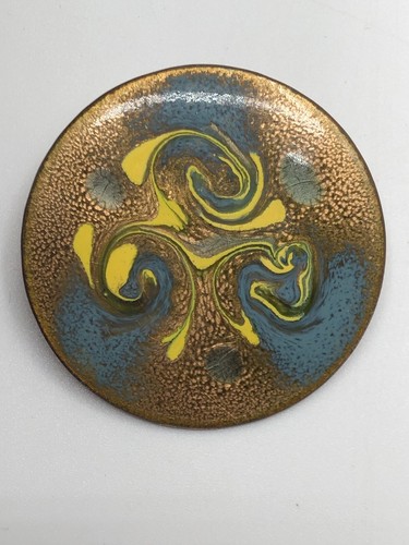 Vtg Helen Bryans Modernist Swirl Enamel Turquoise Blue Copper Brooch Pin Canada