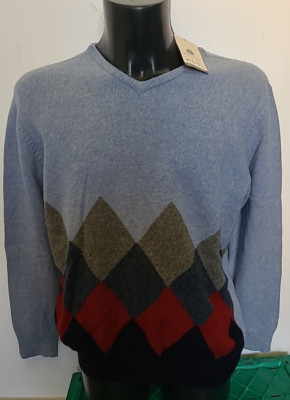 Daniel Hechter Herrenpullover rein neu Wolle Vintage Pullover Argyle groß blau (169)