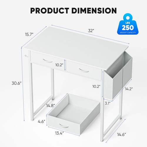 32” White Desk w/ Drawers, Storage Bag & Hook – Home Office Vanity - Picture 2 of 11