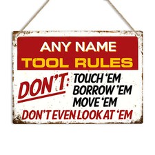 TOOL RULES PERSONALISED Retro Metal Sign Wall Plaque Name Garage Man Cave Shed