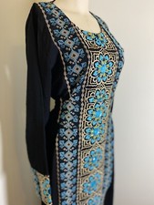 Embroidered Thobe Abaya Traditional Palestinian ARABIAN Thob caftan Dress Blue￼