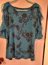 Worthington M Green/Black Floral Stretch Top Women Short Cold Shoulder Sleeve