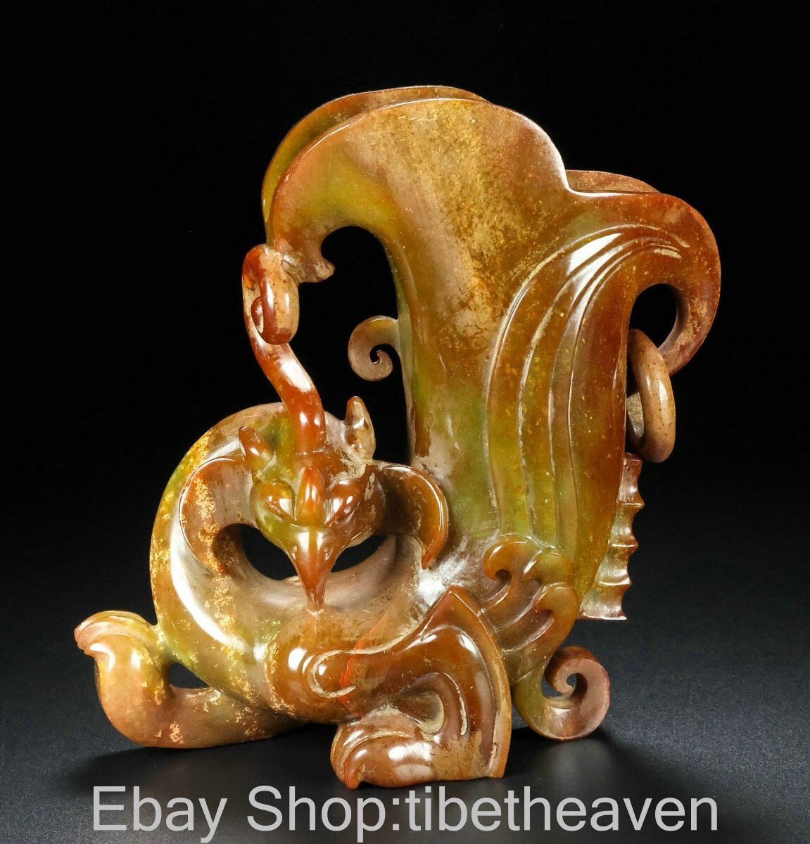 6" Chinese Marked Hetian Jade Craving Phoenix Beast Sculpture Cup Glass Mug