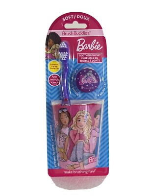 Mattel Barbie Brush Buddies toothbrush set rinsing cup brush cap 3 pc  Best Deal