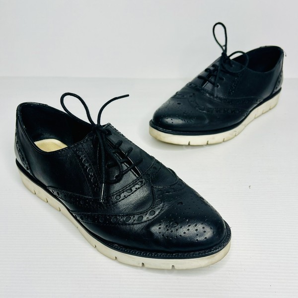 Gino Ventori EU 37 Women's Flats Black Leather Lace Up Brogues Chunky White Sole