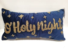 Christmas Glitz + Glimmer Blue Gold Beaded Throw Pillow Home Decor NEW 12x22