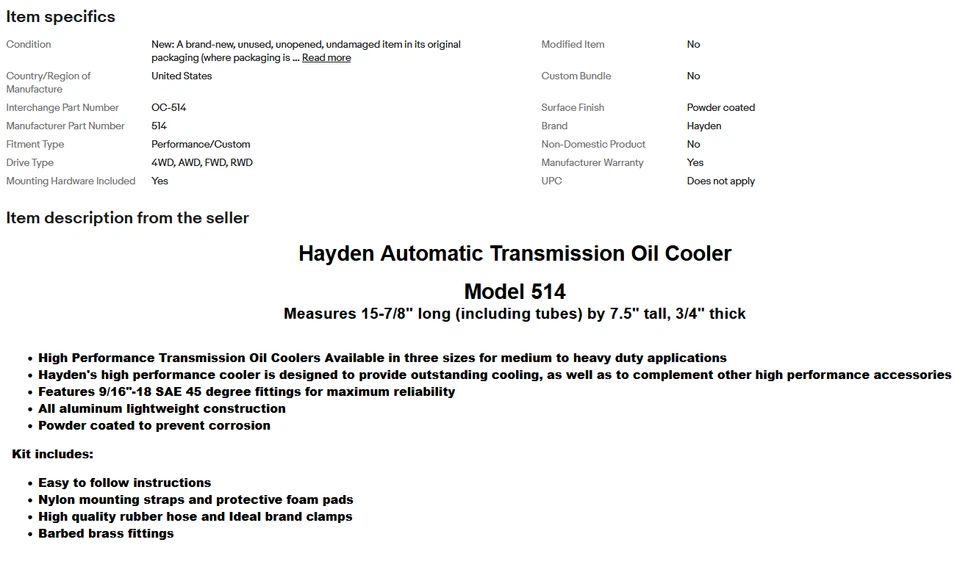 Enfriador de transmisión de alto rendimiento Hayden 514 Foto 3 de 3
