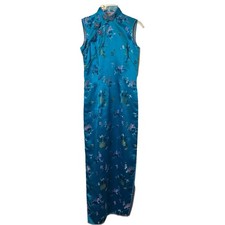 VTG Turquoise Cheongsam Qipao Dress Satin Jacquard Floral Blue Chinese Maxi FLAW