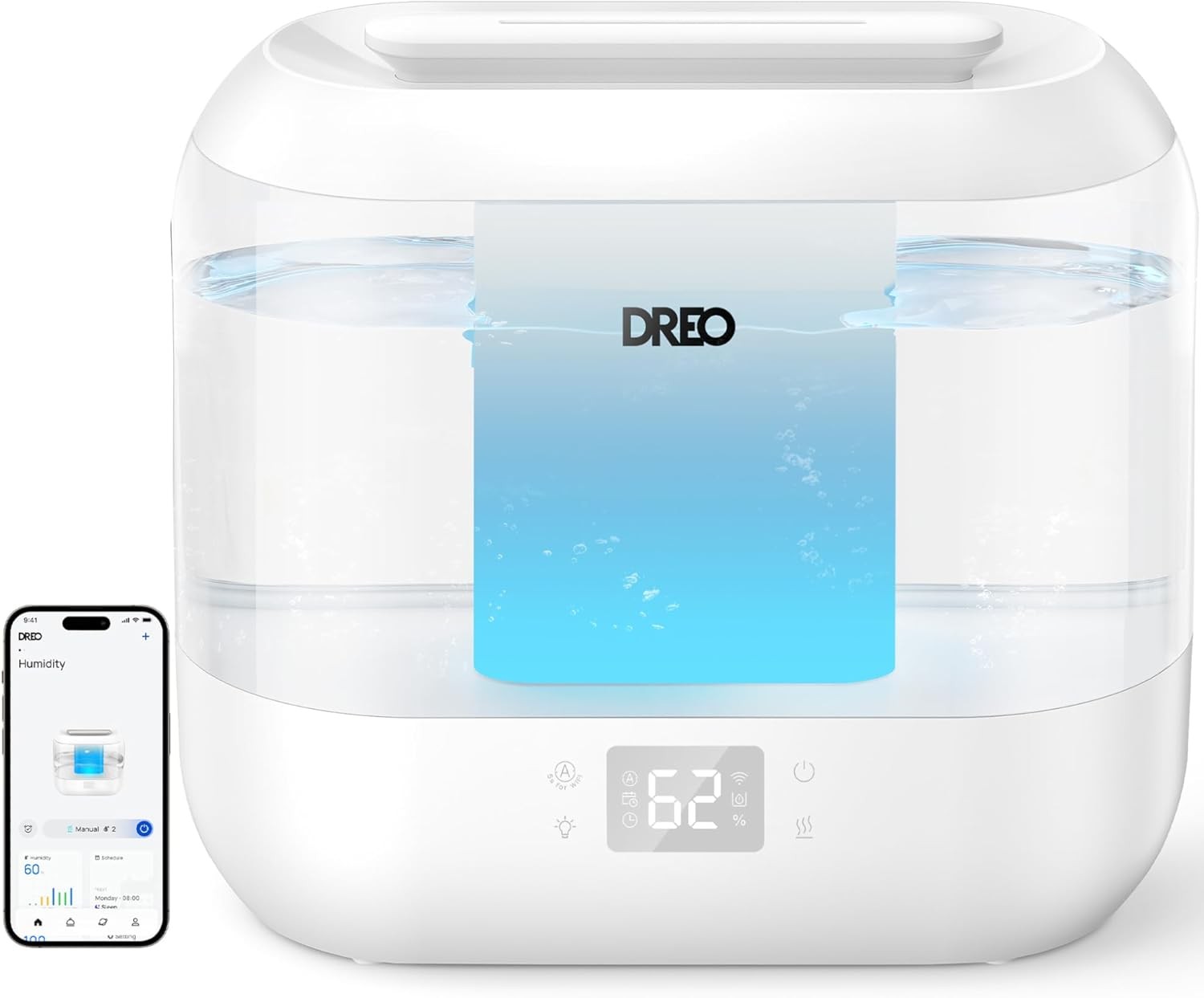 DREO 4L Smart Humidifier for Bedroom, Cool Mist, 28dB Quiet, LED Display, 36H