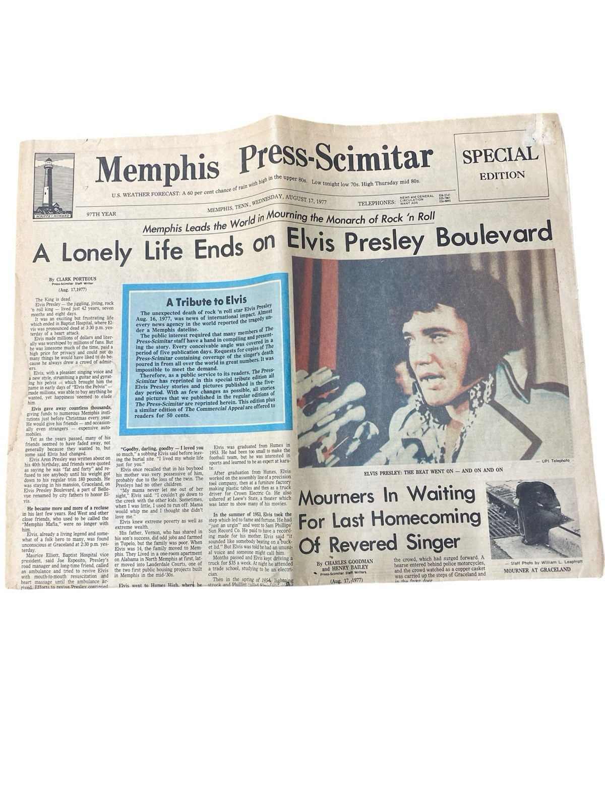 Memphis Progress Elvis Has Died News Paper Headline August 17th 1977. Elvis.