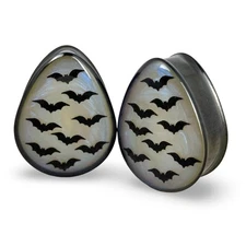 Black Steel Teardrop Plugs with Embedded Blue Shimmer Resin and Bats gauges
