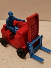 Vintage Auburn Plastic Rubber Red FORKLIFT Blue Driver Toy Made In USA