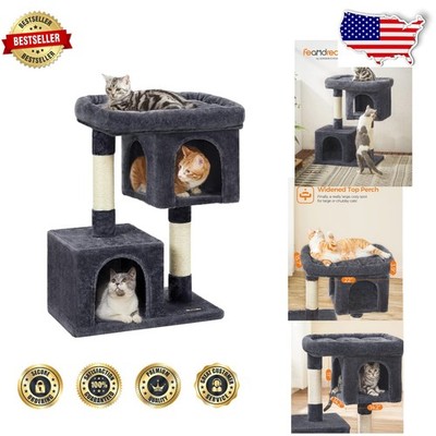 Smoky Gray Cat Tree 33'', Plush Condo, Large Perch, 2 Caves, Easy Assemble