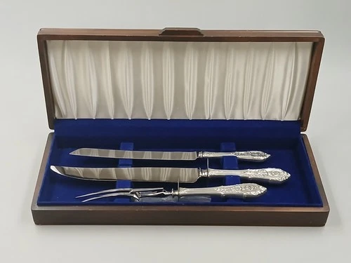 Rose Point Wallace Sterling Silver 3 Piece Roast Carving Utensils Set, Boxed